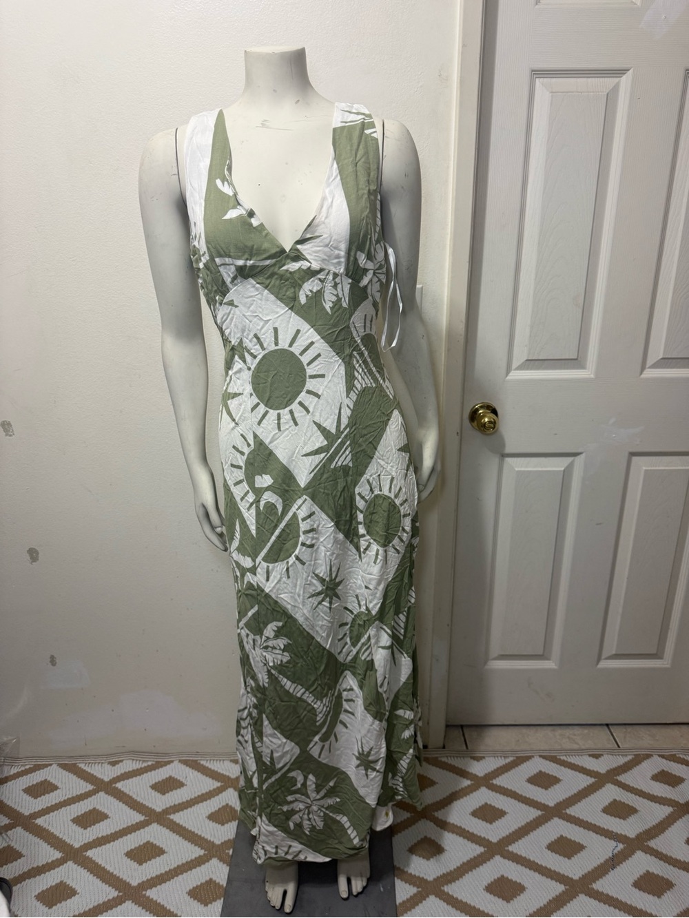 Paper Heart Green/White Floral V-Neck Sleeveless Maxi Zip Dress Womens M